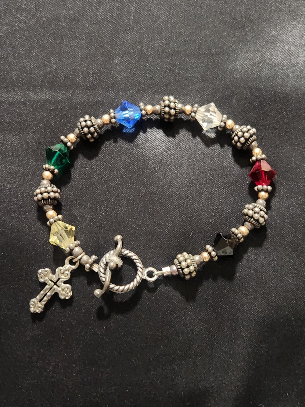 Salvation Story Beaded Cross Charm Toggle Bracelet Crystal Beads Silver Tone